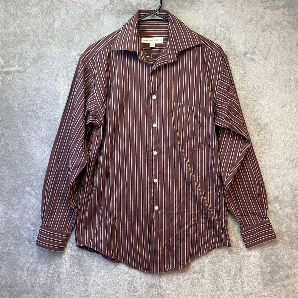 Pronto Uomo Mens Striped Long Sleeve Button Down Shirt Burgundy Brown Size S